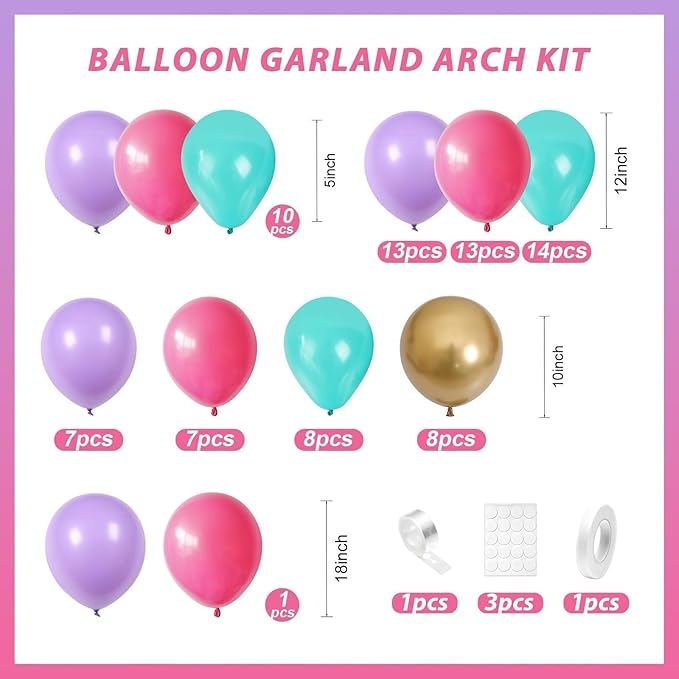 Balloon Arch Kit, Hot Pink Purple Teal Blue Metallic Gold Balloons for Girl Birthday Party Decorations Baby Shower Bridal Wedding Graduation Party Supplies