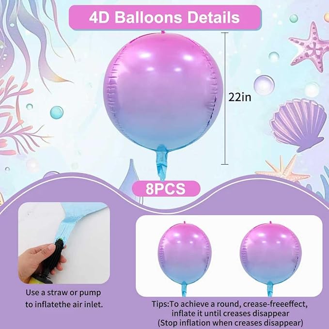 TONIFUL 8Pcs 22Inch Large Colorful Purple 4D Giant Round Foil Balloon 4D Metallic Mylar Sephere Balloons for Christmas New Year Birthday Party Graduation Wedding Bridal Shower Decoration Supplies