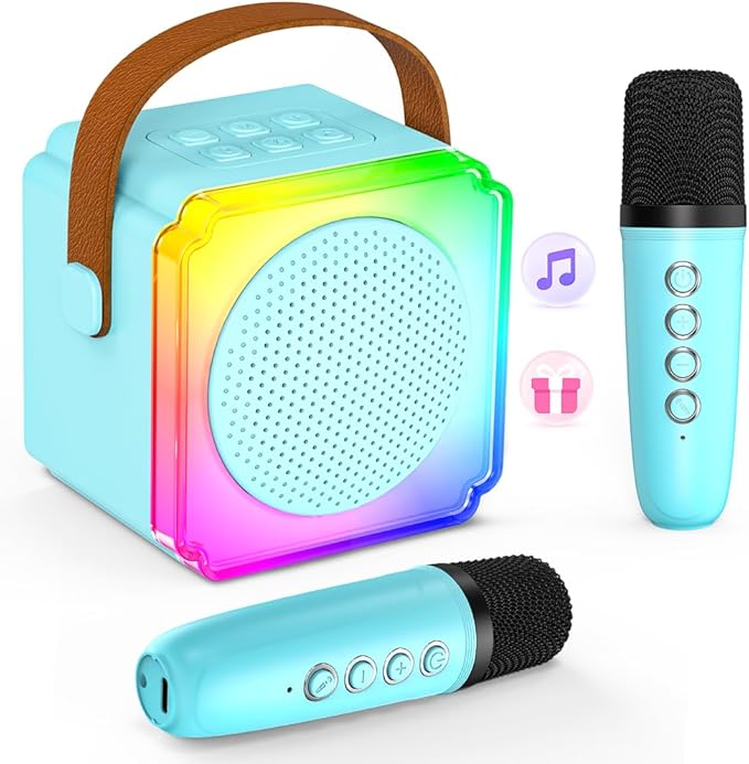 Mini Karaoke Machine for Kids Adults, TOP Toy Gift Bluetooth Karaoke Speaker with 2 Wireless Microphones, LED Party Lights, AUX/USB/TF- Christmas Birthday Gifts for Girls Boys Ages 3-12+, Blue