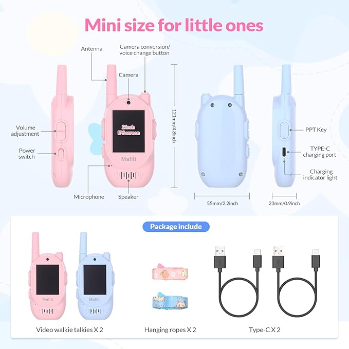 Mafiti Video Walkie Talkies for Kids 2 Pack Rechargeable 1000 Feets Long Range Toddler Toys Birthday Gifts for 3 4 5 6 7 8 Year Old Boys Girls (Blue+Pink)