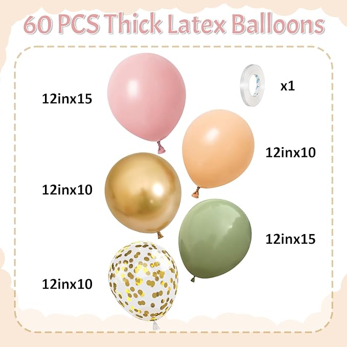 Pink and Green Balloons Retro Sage Green Pink Metallic Gold Confetti Balloons Olive Green Gold Pink Beige Latex Balloon for Easter Jungle Safari Christmas Woodland Birthday Party Decorations