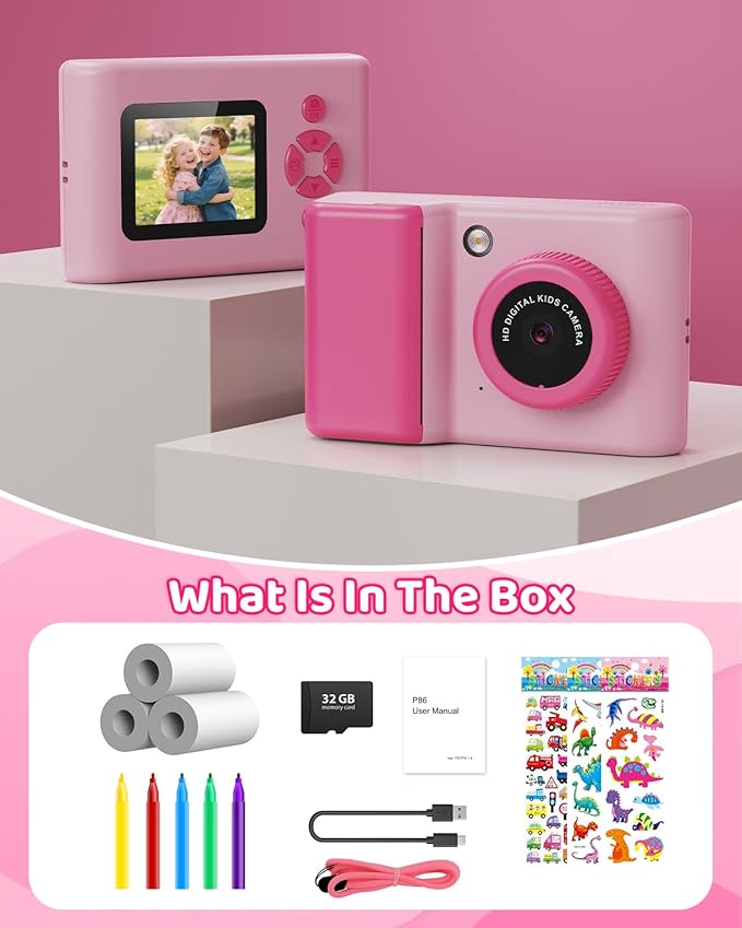 Kids Camera Instant Print, 20MP 1080P Video Instant Print Camera for Kids with 32GB SD Card, 240 Photos Printing, Face Recognition, ABS Durable, Christmas Birthday Gifts for Ages 3-12 (Pink)
