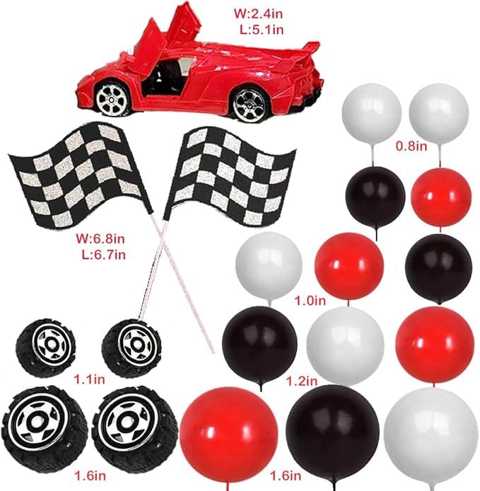 Race Cake Toppers with Red Car Black Red White Balls Flags Wheels Set for Birthday Party Supplies Decor