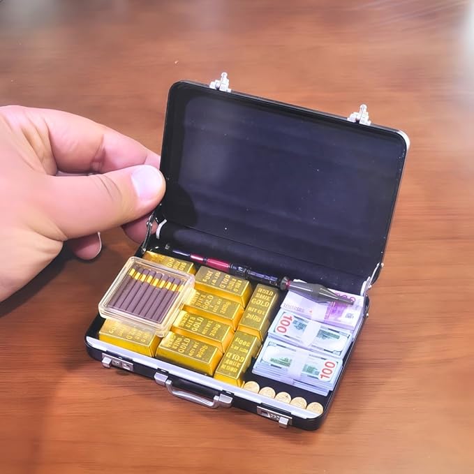 1:6 Scale Miniature Black Briefcase Set with Fake Gold Bars, Mini Dollar Bill Bundles, Vintage Coins & Toy Weapons | Collectible Dollhouse Accessory, Photography Prop & Novelty Gift for Adults