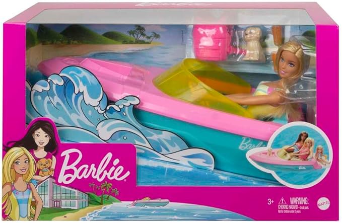 Barbie Doll and Boat Playset with Pet Puppy, Life Vest and Accessories, Fits 3 Dolls & Floats in Water, Gift for 3 to 7 Year Olds