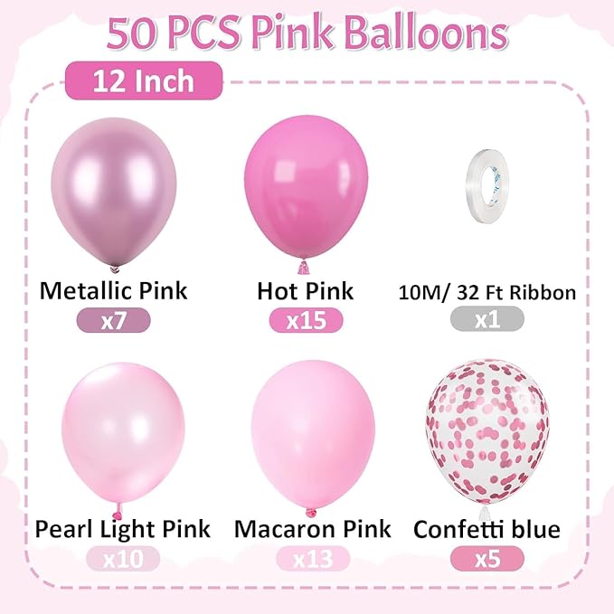 Paready Pink Balloons Set, 50 Pcs 12 Inch Metallic Pastel Pearl Light Pink Confetti Balloons Helium with Ribbon for Women Girls Wedding Bridal Baby Shower Princess Birthday Party Decorations