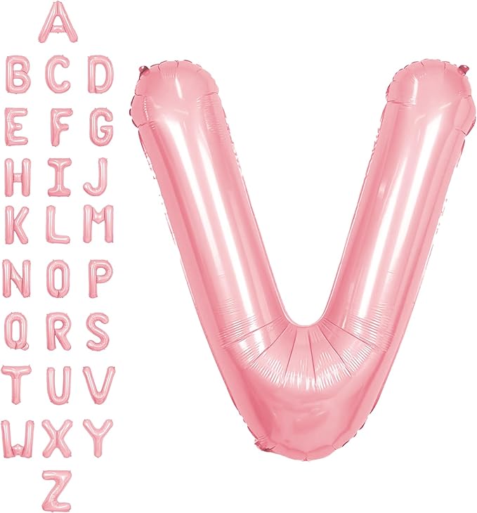 SUWEN 40 Inch Pink Large V Letter Balloons Big Foil Helium Letter Balloons A-Z Jumbo Mylar Happy Birthday Party Decorations for Girl Anniversary Party Supplies