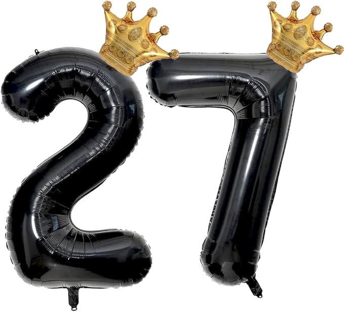 40 inch Large Black 27 Balloon Number with Gold Crown Balloons27th Birthday Big Foil Mylar Helium Balloon for Boys Girls 27th Birthday Anniversary Decorations Supplies Favors(Number 27 Balloons）