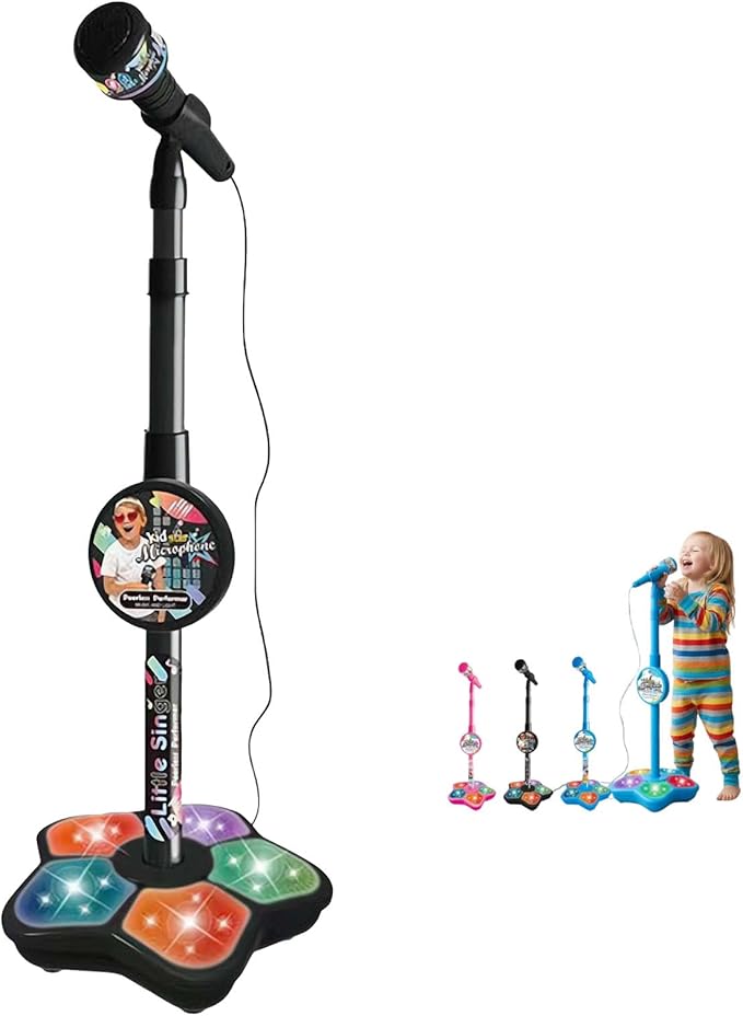 Kids Microphone with Stand,Karaoke Machine Kid,Microphone with Flashing Stage Lights Adjustable Stand Gift for Age 3+ Years Old Children,Musical Toy for Fun Sound Effects, for Children (Black)