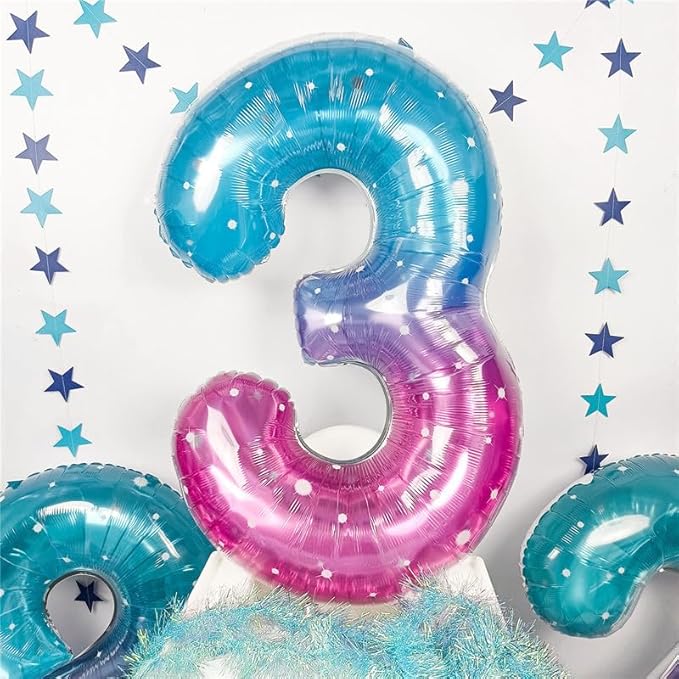 Large Blue Pink Starry 3 Balloons, 40 Inch Giant Mermaid Helium Mylar Foil Globos Numero for Girls, Self Inflating Rainbow 3rd Birthday Balloon for Women Three Anniversary Party Decorations Supplies