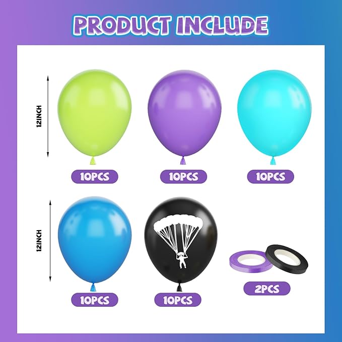 Green Purple Teal Balloons, 50PC 12 Inch Purple Blue Teal Fruit Green Black Parachute Print Balloons for Boys Game Theme Birthday Baby Shower Graduation Party Decorations