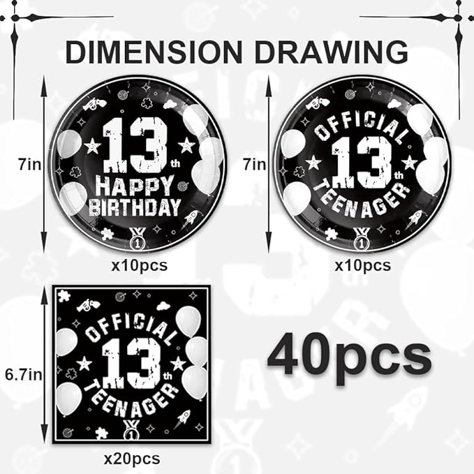 40Pcs 13th Birthday Decorations for Boys Black and Silver Plates and Napkin Set for Boys Teenager Party Decor 13th Birthday Party Decorations