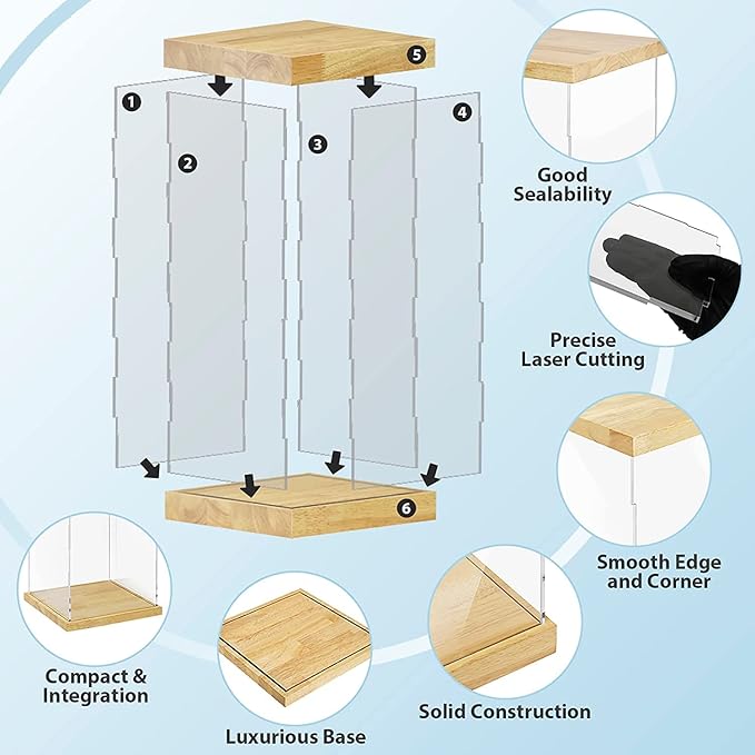 BenchPro Clear Acrylic Display Case for Trophy, Collectibles, Assemble Cube Display Box Stand Dust Proof Protection Showcase for Action Figures Toys. (1.75" & 1" Thick Wood, 15" H x 15" L x 15" D)