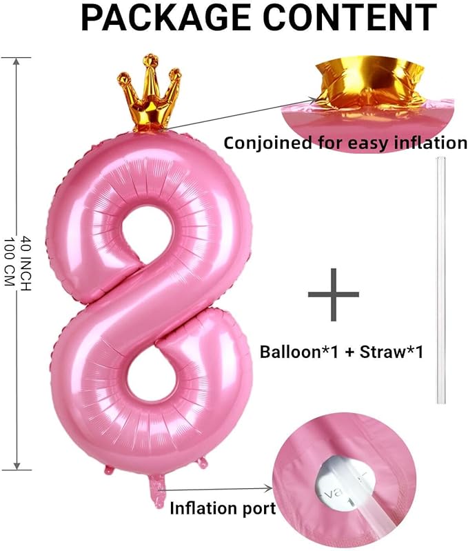 40 Inch Crown Pink Number 8 Balloon, Big Conjoined Baby Foil Mylar Helium Balloon for Girls 8th Birthday Party Decorations Pink Princess Theme Party Supplies Favors Anniversary Decor