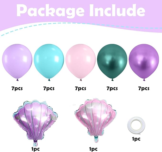 Mermaid Balloons, Macaron Pink Purple Green Metallic Balloons with Seashell Balloon for Girl Birthday Party Decorations Sea Theme Baby Shower Party Backdrop Supplies