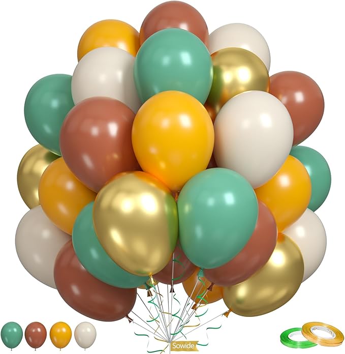 Sage Green Brown Balloons, 50Pcs 12 Inches Mustard Yellow Sand White Cartoon Balloons for Kids Boy Birthday Woodland Forest Party Decorations Baby Shower Cartoon Themed Party Supplies