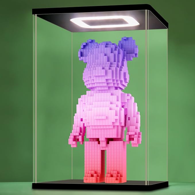NONEMEY Acrylic Display Case with Led Light for Bearbrick，Assemble Clear Acrylic Display Case Stand Dustproof Protection Showcase Organizer Box for Action Figures(9.8×7.9×157inch,25×20×40cm)