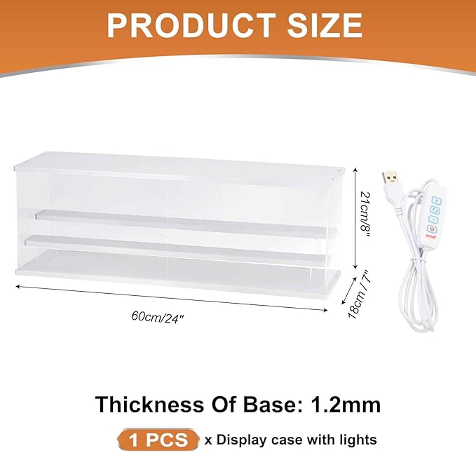MECCANIXITY Clear Display Case, 3 Layer Acrylic Figure Display Case Clear Display Boxes for Collectibles, Figures Model Toys Home Storage(with Square LED Light, 24x7x8 Inch White Base)