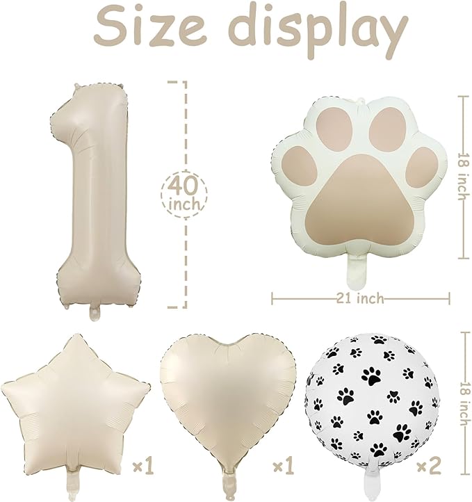 1st Birthday Dog Paw Balloons Set,18'' Paw Prints, Heart,Star,Paw Shaped Foil Balloon 40 Inch Cream Number 1 Helium balloons for Puppy Themed Baby Shower First Birthday Party Decorations Supplies 6PCS