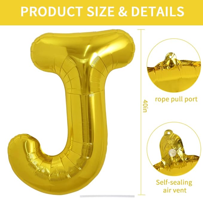 TONIFUL 40 Inch Large Gold Letter J Balloons, Foil Mylar Big Balloons for Birthday Party Anniversary Decorations
