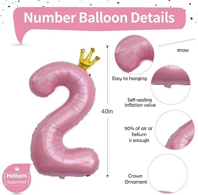 40 Inch 2nd Birthday Number Balloon, Pearl Pink Foil Giant Number Balloons 0-9 with Crown, for Kids Girls Women 20th Birthday Party Decor Baby Shower Anniversary New Year Party Decoration Supplies