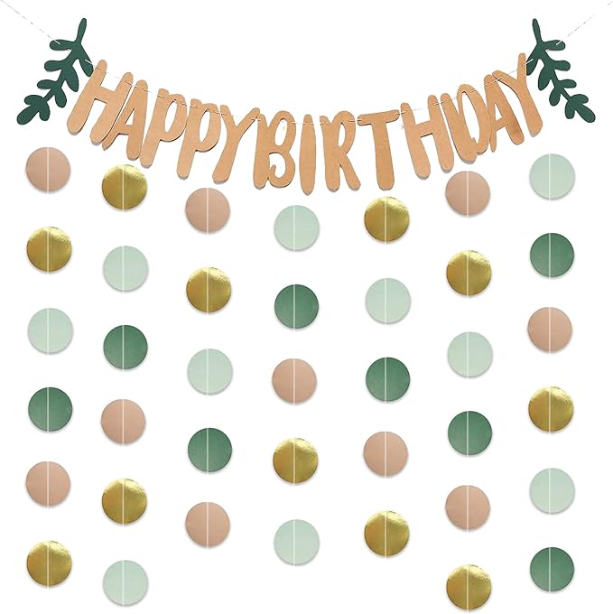 Zwiebeco Dark Green Gold Happy Birthday Party Decoration Brown Banner Bunting Circle Dots Garland Hanging Paper Kit for Kids Adults Forest Wild One Safari Theme Accessories Supplies