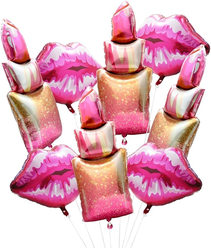 Lipstick Balloon Red Lip Balloon Makeup SPA Decor Girls Pink Princess Party Supplies, 8 Pack Romantic Kiss Bow Balloons (4+4) For Birthday Valentines Galentines Day Wedding Bridal Shower Bachelorette