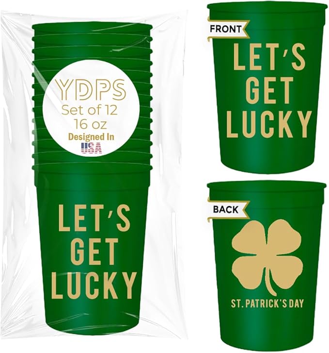 Let's Get Lucky St. Patrick's Day Cups, Set of 12-16oz Plastic Saint Cups for Party Favors and Shamrock-Themed Decorations - St Patricks Day Party Supplies and Drinking Accessories