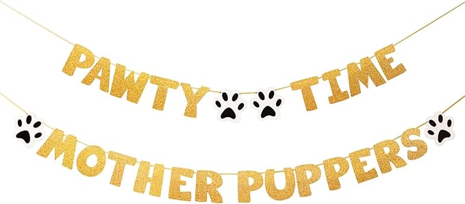 Pre-Strung Let's Pawty Dog Birthday Party Supplies - Pawty Time Mother Puppers - Funny Gold Glitter Puppy Dog Birthday Banner For Party Decorations Girl Boy - Cute Puppy Pets Paw Pennant Sign Deco