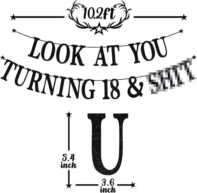 Black Glitter Look at You Turning 18 & Sh*t Banner, Happy 18th Birthday/Level 18 Unlocked/Cheers to 18 Years, Funny 18th Birthday Party Decorations Supplies