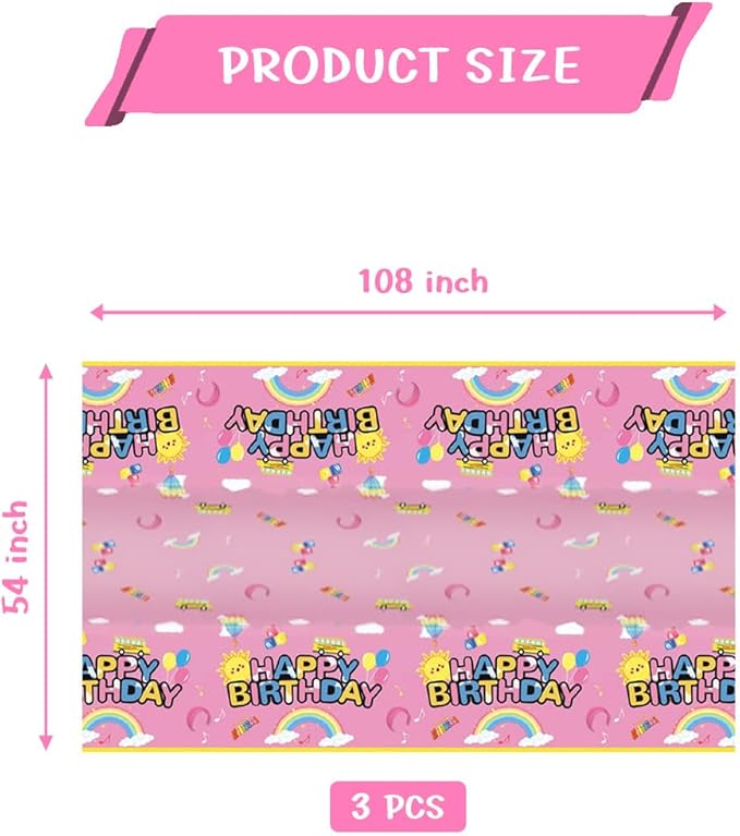 3Pcs Cartoon Girls English Teacher Tablecloth|54inch x 108inch|Pink English Teacher Birthday Party Supplies