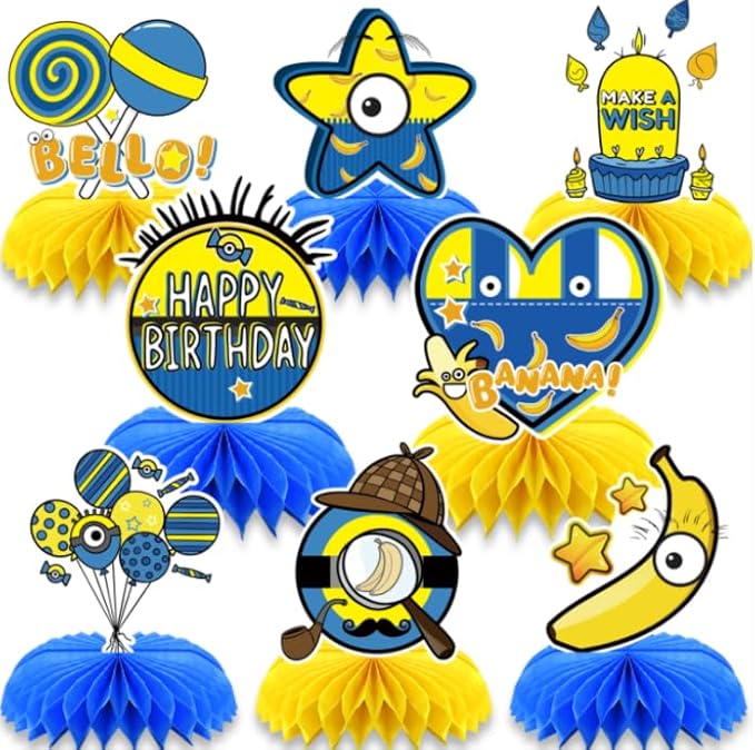 8Pcs Yellow Cartoon Party Supplies Set Honeycomb Centerpieces Double Sided Table Topper for Birthday Decorations
