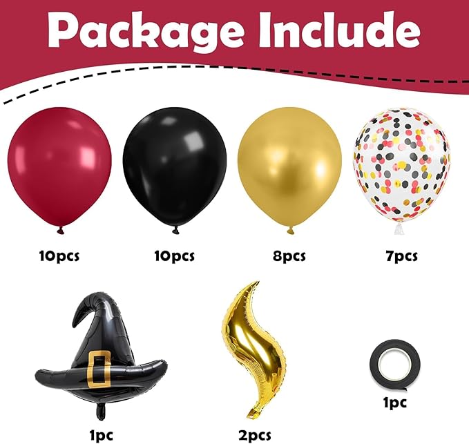 Black Burgundy Balloons, 12 Inch Maroon Black Gold Confetti Balloons with DIY Hat and Gold S-shaped Foil Balloon for Boy Girl Birthday Party Graduation Baby Shower Decorations