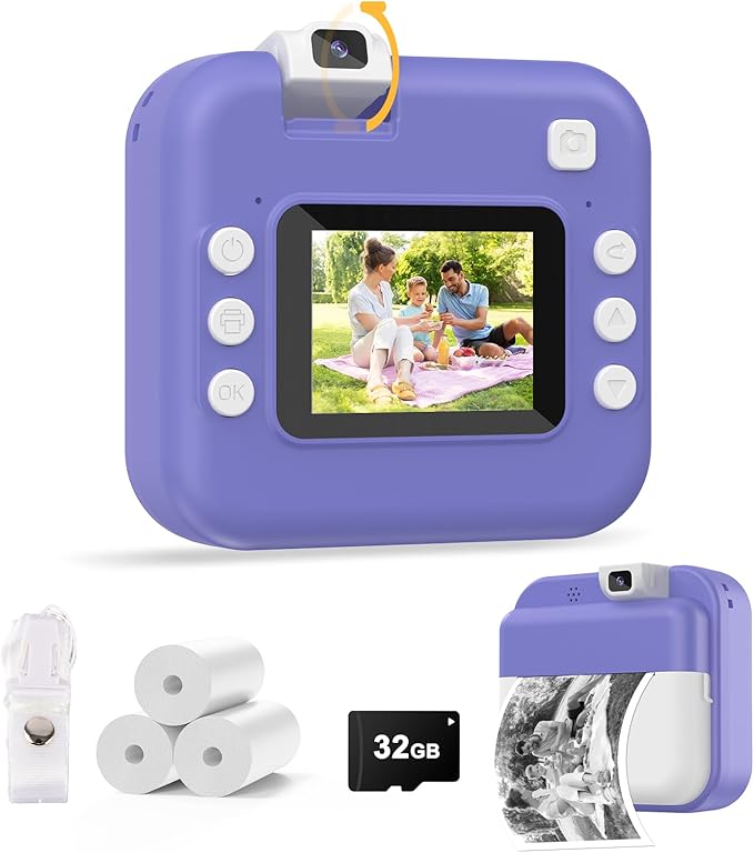 Kids Camera Instant Print with Dual Lens, Digital Camera Print Photos for Toddlers, 1080P HD Video Recorder, Selfie Camcord, Fun Frames & Filters, Travel Birthday Gift for Girls Boys 4-10 Years