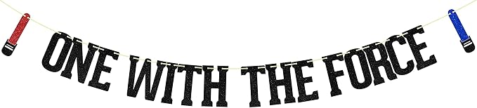 One with The Force Banner, Happy 1st Birthday Decors, Baby Boy First Birthday Party Supplies Black Red Blue Glitter