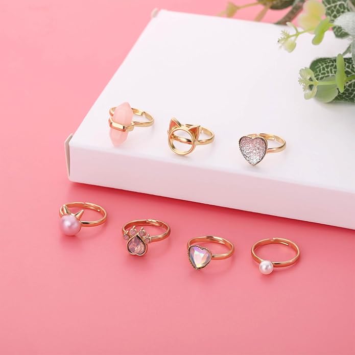 NEWITIN 7 Pieces-100 Pieces Cute Rings for Girls Crystal Ring Girl Pretend Play and Dress up Rings Adjustable Ring Kids Jewelry Little Girl Gift for Girls Kids