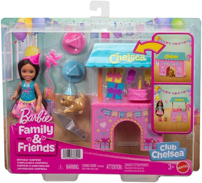 Barbie Family & Friends Club Chelsea Surprise Birthday Party Playset with Chelsea Small Doll (Brunette), Transforming Doghouse & 10+ Accessories