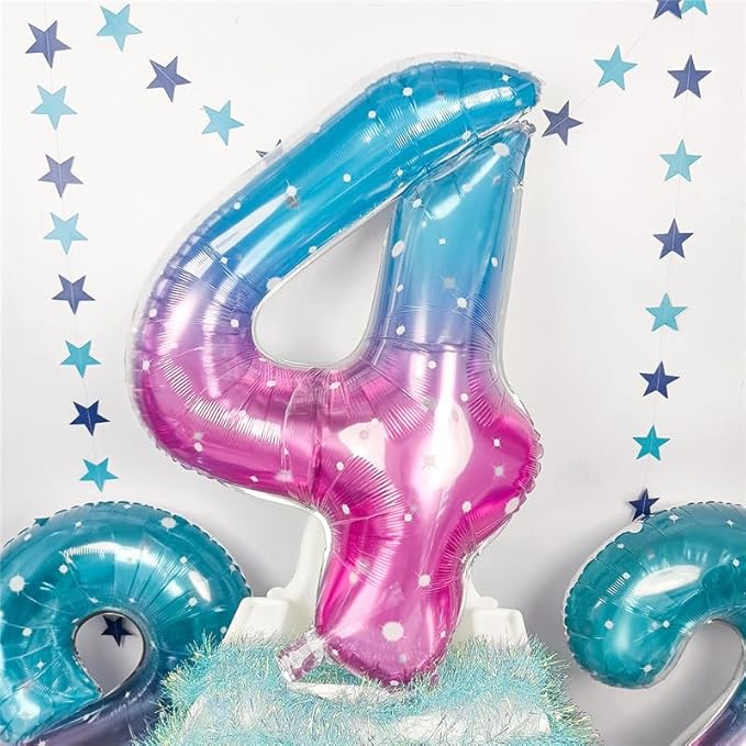 Purple Teal Number 4 Balloons, 40 In Large Mermaid Starry Number 4 Mylar Foil Helium Balloons for Girls, Self Inflating Rainbow Number Four Balloon for Women 4th Birthday Anniversary Party Decoration