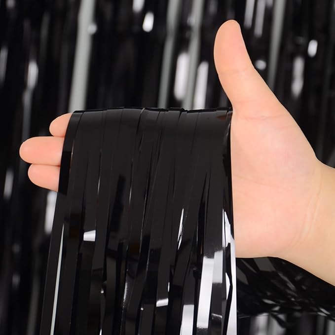 Black Tinsel Fringe Backdrop Curtains for Parties, Melsan 3.2 x 8 ft Black Streamer Photo Backdrop for Birthday, Graduations, New Year Eve Party Decor - Pack of 2