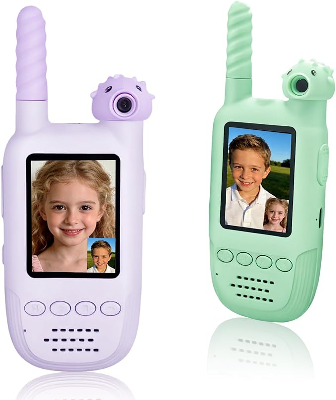 Kids Video Walkie Talkies 2 Pack, 180° Rotating Camera & Live Video Chat, Rechargeable Intercom Toys with 6 Voice Changers, Flashlight & 10 Fun Ringtones, Outdoor Toys for Boys Girls, Green & Purple