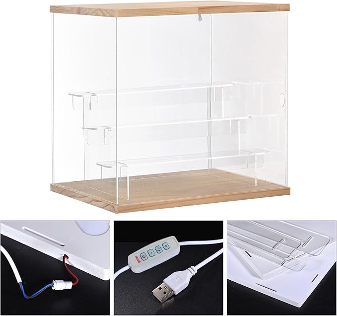 MECCANIXITY Clear Acrylic Display Case with LED Light 3 Tier Dustproof Showcase Assemble Cube Display Boxes Stand for Collectibles, Action Figures (12.6x9.45x11.81) Wood