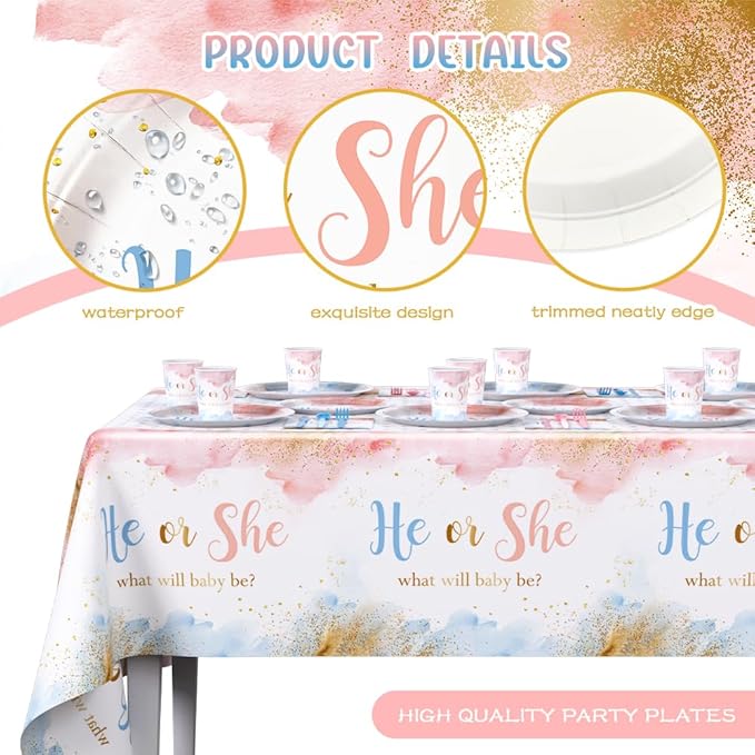 194 PCS Gender Reveal Decorations Gender Reveal Paper Plates Cups and Napkins Sets He or She Baby Shower Party Supplies Pink and Blue Disposable Tableware Set with Tablecloth Serves 24 Guests
