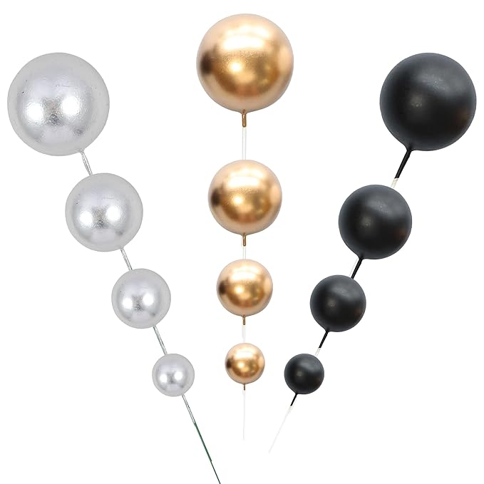 Gyufise 30Pcs Ball Cake Toppers Ball Cake Picks Ball Shaped Cupcake Insert Cake Topper for Bear Theme Birthday Party Favors Wedding Decoration Supplies Black Gold Silver