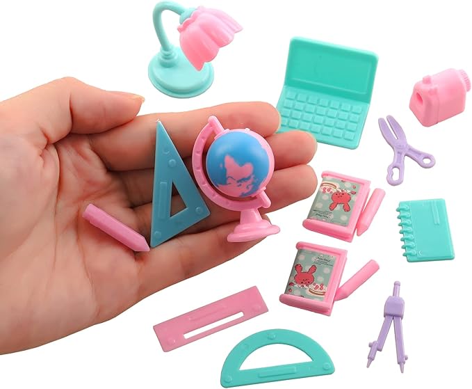 ENOCHT 19 Pcs Girl Doll School Accessories Backpack Mini Desk Lamp Laptop Mini Globe Glasses and Headset for 11.5 Inch Doll School Playset