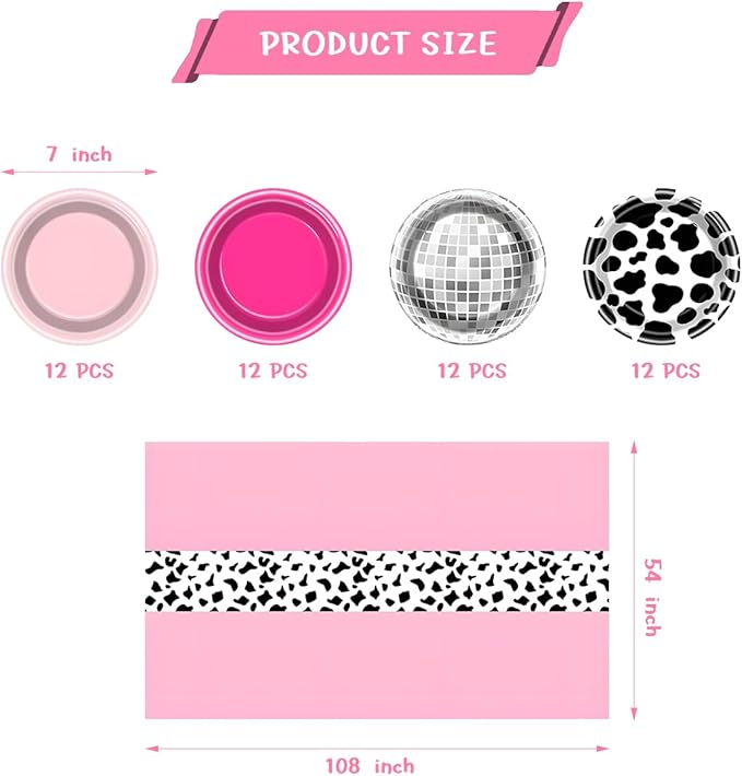 49Pcs Western Cowgirl Party Paper Plates Tablecloth for CowPrint Themed Supplies 7" Hot Pink-Disco Ball Disposable Dessert Plates for Cowgirl Birthday 80s 90s Shower Party Decorations