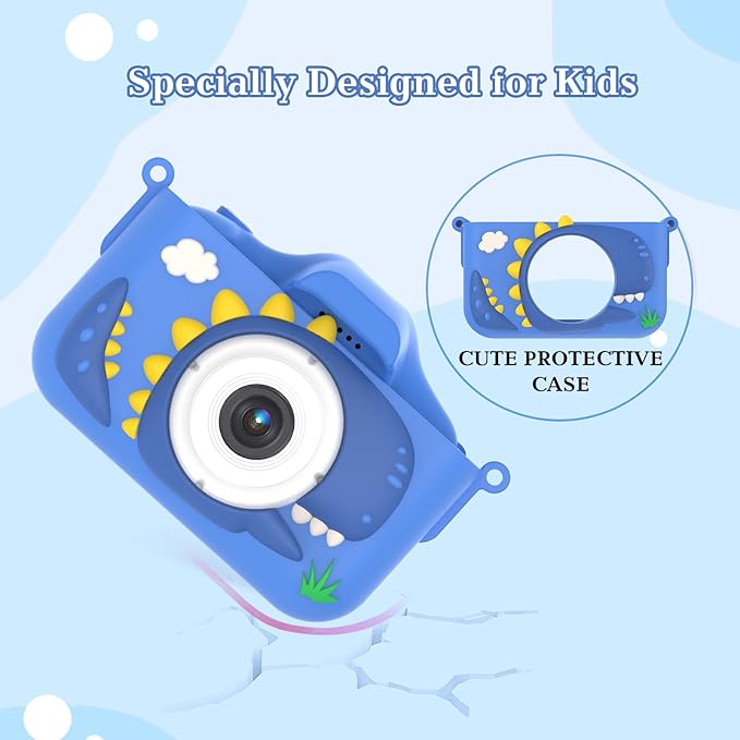 Kids Camera for 3-9 Year Old Boys Girls, Children Digital Camera with Cute Cartoon Soft Cover & 32GB SD Card, Best Christmas Birthday Gifts for Grandkids, Halloween Party Favors for Kids - Blue
