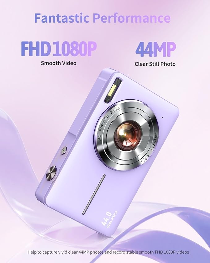 Digital Camera, Kids Camera FHD 1080P Point and Shoot Camera with 16X Zoom Anti Shake, Small Compact Camera for Teen Starter Children Kid Student Girl Boy(Purple)