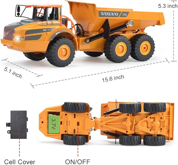 DOUBLE E Volvo RC Dump Truck Toy for Kids, Articulated Hauler, Remote Control Construction Toys Vehicles with Lights, Birthday Gifts Ideas for Boys Age 6 7 8 9 10 Year Old and up