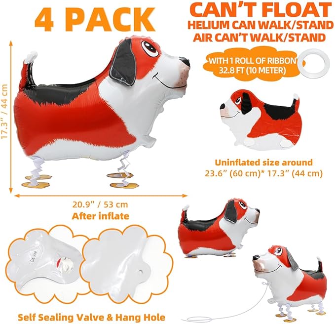 Cute Red Puppy Dog Balloon Air Walker Doggy Balloon Pet Animal Party Supplies, 4 Pack Cartoon Air Walking Dog Balloons Walk Harrier Doggy Supplies For Birthday Baby Wedding Shower