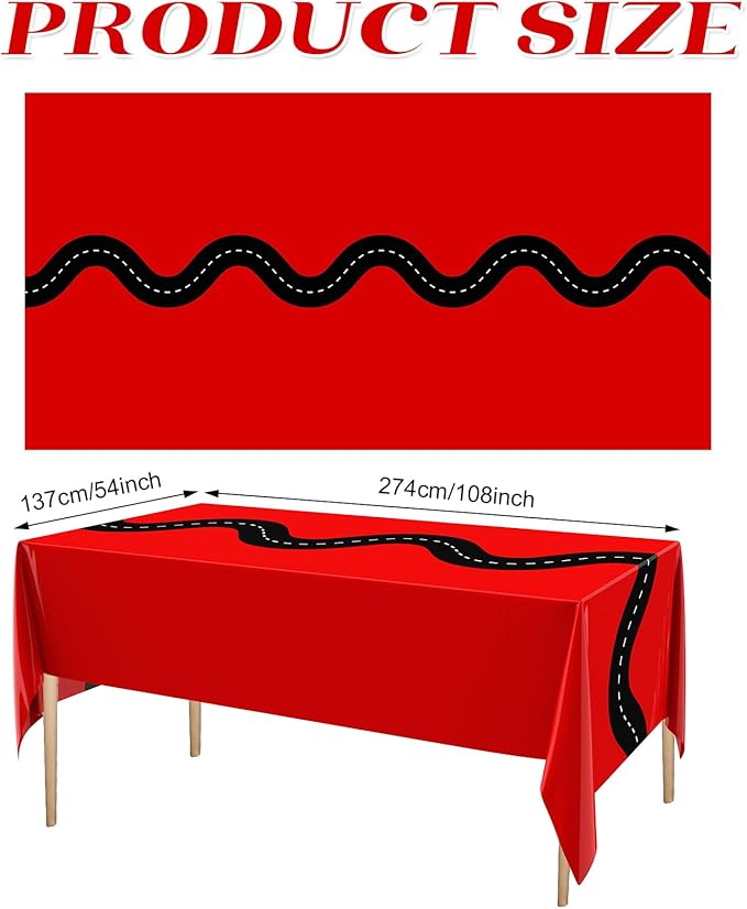 Irenare 3 Pcs Racing Table Cloths Car Birthday Party Supplies 54 x 108 Inch Racetrack Table Runner Covers Disposable Rectangular Road Tablecloth for Kids Boy Car Theme Birthday Party Decor (Red)